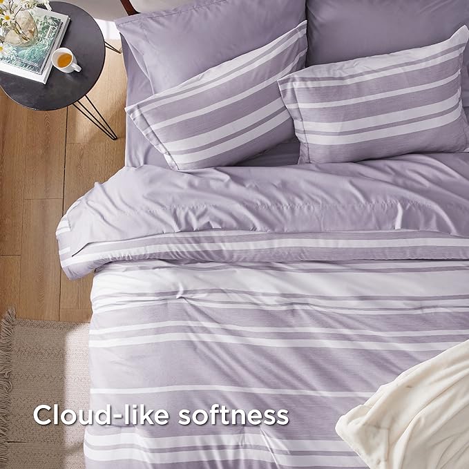 Bedsure Bed in a Bag Queen Size 7 Pieces, Purple White Striped Bedding Comforter Sets All Season Bed Set, 2 Pillow Shams, Flat Sheet, Fitted Sheet and 2 Pillowcases - LeafyLoom