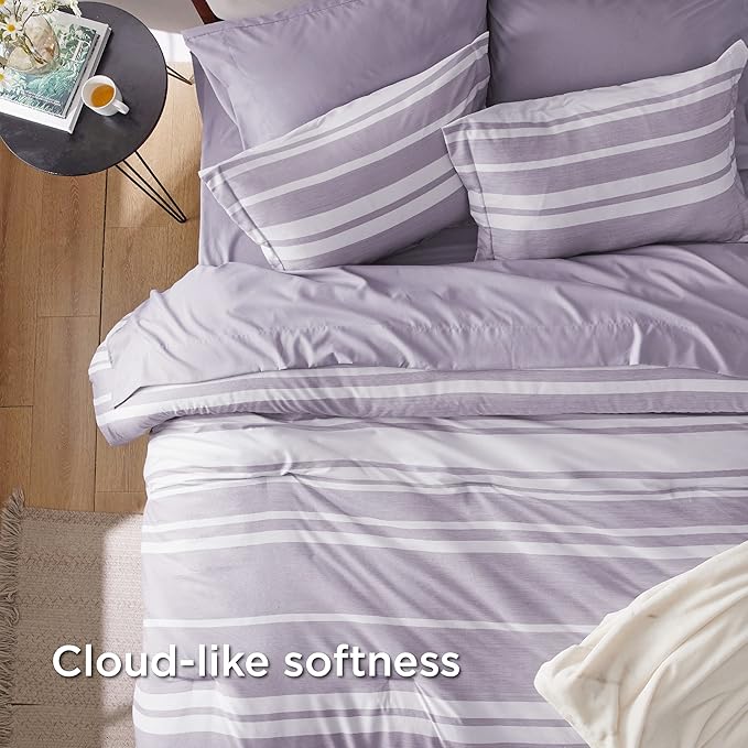 Bedsure Bed in a Bag Twin Size 5 Pieces, Purple White Striped Bedding Comforter Sets All Season Bed Set with 1 Pillow Sham, Flat Sheet, Fitted Sheet and 1 Pillowcase - LeafyLoom