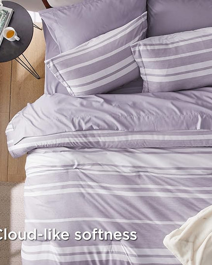 Bedsure Bed in a Bag California King Size 7 Pieces, Purple White Striped Bedding Comforter Sets All Season Bed Set, 2 Pillow Shams, Flat Sheet, Fitted Sheet and 2 Pillowcases - LeafyLoom