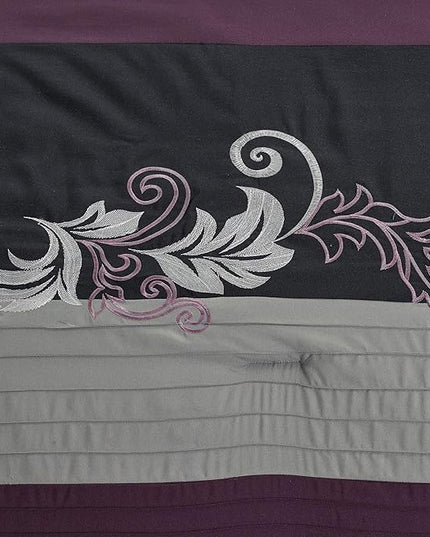 Chezmoi Collection Napa 7-Piece Luxury Leaves Scroll Embroidery Bedding Comforter Set (Queen, Purple/Black/Gray) - LeafyLoom