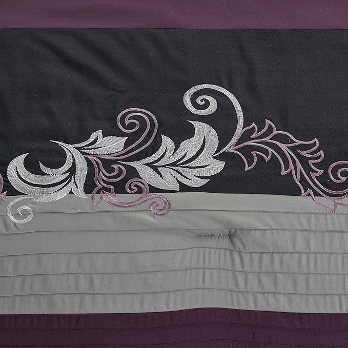 Chezmoi Collection Napa 7-Piece Luxury Leaves Scroll Embroidery Bedding Comforter Set (Queen, Purple/Black/Gray) - LeafyLoom