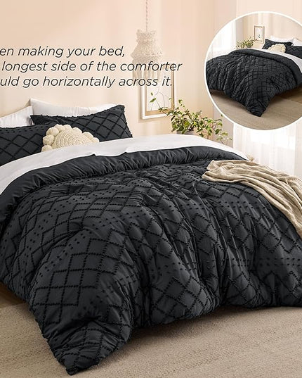 Bedsure King Size Comforter Set - Black Comforter, Boho Tufted Shabby Chic Bedding Comforter Set, 3 Pieces Farmhouse Bed Set for All Seasons, Fluffy Soft Bedding Set with 2 Pillow Shams - LeafyLoom