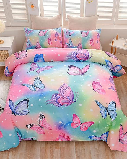 Btargot 3 Piece Butterfly Pattern Girls Comforter Set with 2 Pillow Covers, Gradient Line Rainbow Printed Bedding Set for Women, Full Multi Color - LeafyLoom