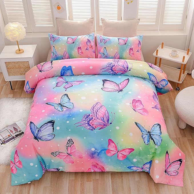 Btargot 3 Piece Butterfly Pattern Girls Comforter Set with 2 Pillow Covers, Gradient Line Rainbow Printed Bedding Set for Women, Full Multi Color - LeafyLoom