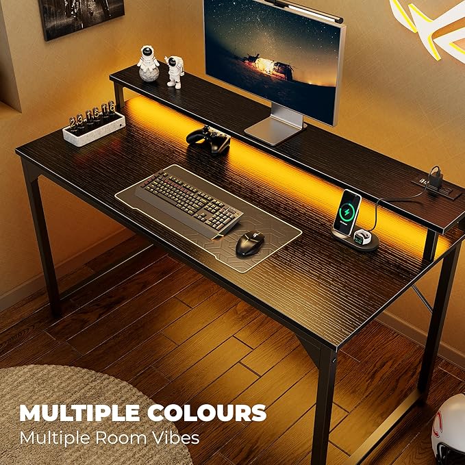 SUPERJARE 47 inch Computer Desk with LED Lights & Power Outlets, Home Office Desk with Monitor Shelf, Small Desk for Home & Office, Black - LeafyLoom