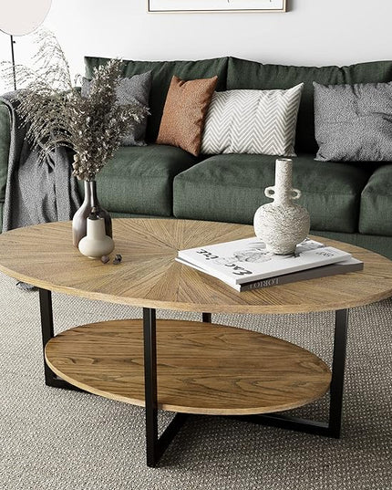 Solid Wood Oval Coffee Table with Cross Metal Legs, 43.3in Modern Industrail Center Table with Open Shelf Cocktail Tea Table for Living Room Bedroom, Rustic Nature 1811 - LeafyLoom