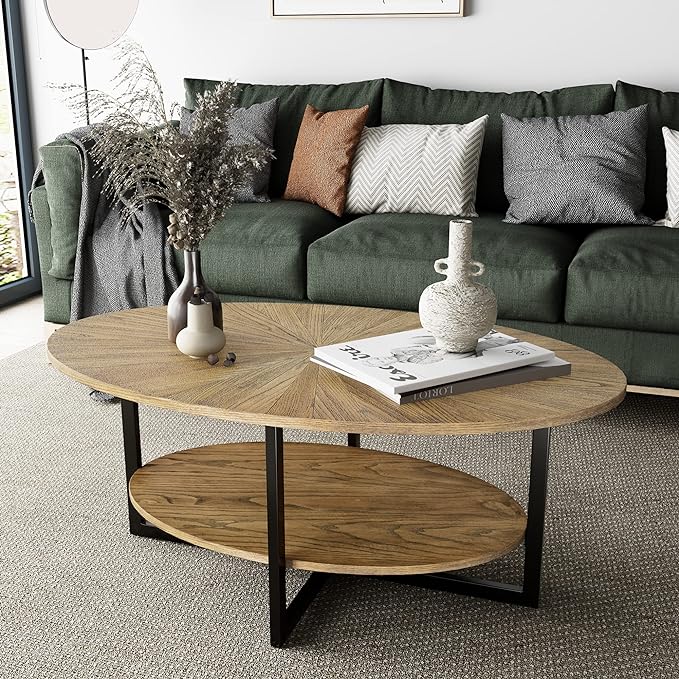 Solid Wood Oval Coffee Table with Cross Metal Legs, 43.3in Modern Industrail Center Table with Open Shelf Cocktail Tea Table for Living Room Bedroom, Rustic Nature 1811 - LeafyLoom