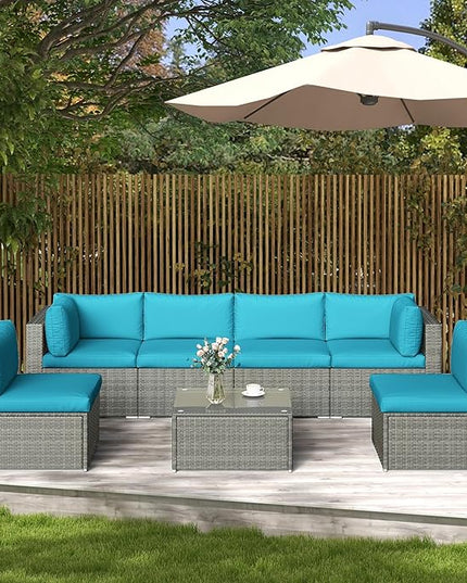 SUNVIVI OUTDOOR 7 Piece Patio Furniture Sets All Weather Grey PE Wicker Couch Sofa with Glass Table, Removable Blue Cushions - LeafyLoom