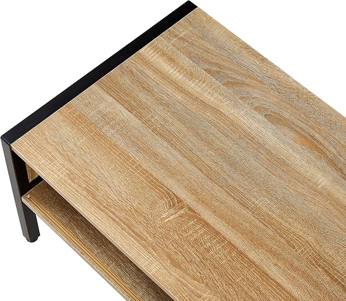 Rattan Coffee Table 40 Inch Mid Century Modern Coffee Table with Storage, Industrial Metal Rectangle Wood Center Table with Rattan Sliding Door for Living Room, Natural - LeafyLoom