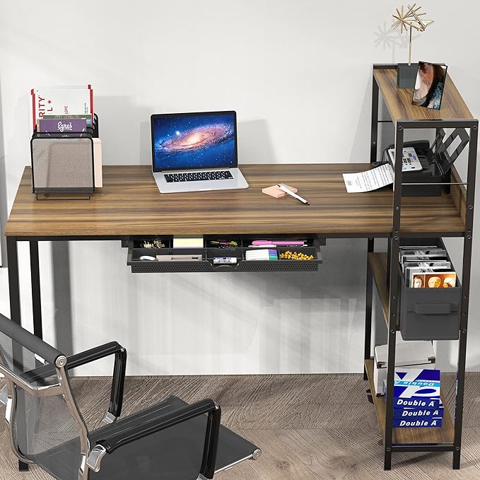 SHW 46-Inch Mission Desk with Side Shelf, 24" Deep, Walnut - LeafyLoom