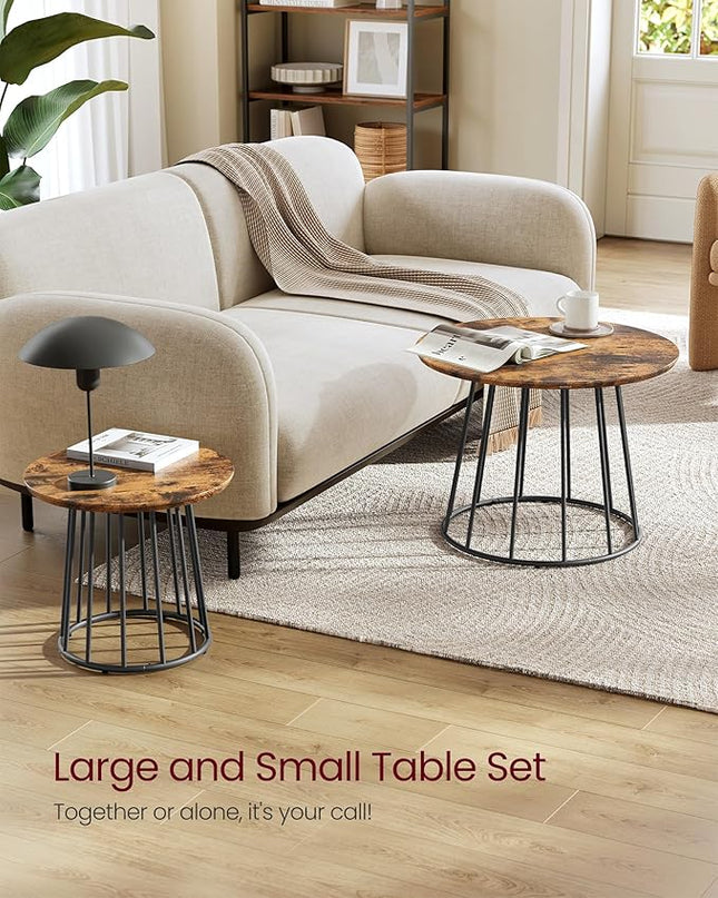 VASAGLE Round Coffee Tables, Set of 2, Modern Circle Side Tables with Steel Frame, for Living Room, Bedroom, Rustic Brown ULCT045K01 - LeafyLoom