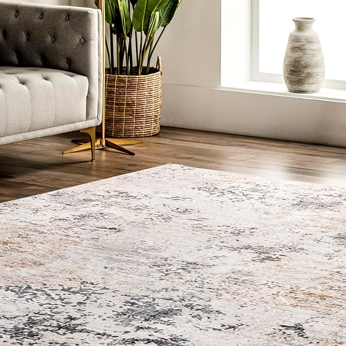 nuLOOM Danae Abstract 8 Square Machine Washable Area Rug for Living Room Bedroom Dining Room Kitchen, Ivory/Grey - LeafyLoom
