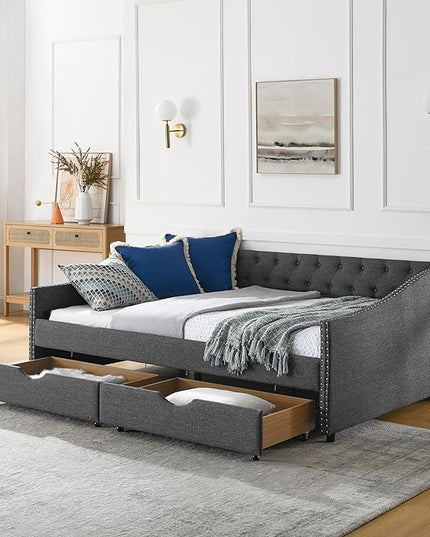 RITSU Full Size Mid-Century Daybed, 2 Storage Drawers,Linen Button Upholstered Tufted Sofa Bed, Copper Nail on Waved Shape Arms, No Box Spring Needed,for Bedroom, Livingroom, 80.50, Dark Grey-2 - LeafyLoom