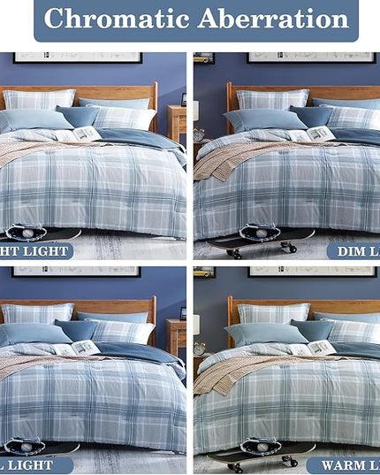 Blue King Size Comforter, Dorm Plaid Light Blue King Bedding Set Homestead-style King Size Bed Set for Bedroom (Light Blue,King,102"*90") - LeafyLoom