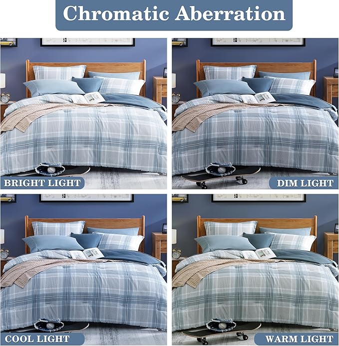 Blue King Size Comforter, Dorm Plaid Light Blue King Bedding Set Homestead-style King Size Bed Set for Bedroom (Light Blue,King,102"*90") - LeafyLoom
