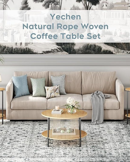 Yechen 3-Piece Boho Coffee Table Set with Hand-Woven Natural Rope, 2 Tier Wooden Round Coffee Table and End Table Sets with Metal Frame, Side Table with Storage for Living Room, Bedroom - LeafyLoom