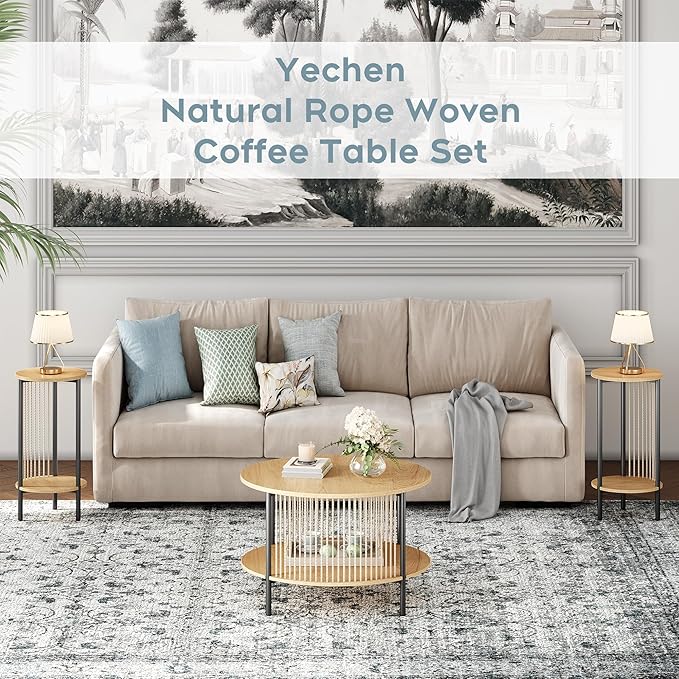 Yechen 3-Piece Boho Coffee Table Set with Hand-Woven Natural Rope, 2 Tier Wooden Round Coffee Table and End Table Sets with Metal Frame, Side Table with Storage for Living Room, Bedroom - LeafyLoom