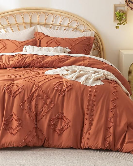Bedsure Boho Comforter Set Queen - Terracotta Tufted Bedding Comforter Set, 3 Pieces Farmhouse Shabby Chic Embroidery Bedding Set, Soft Geometric Pattern Comforter for All Seasons - LeafyLoom