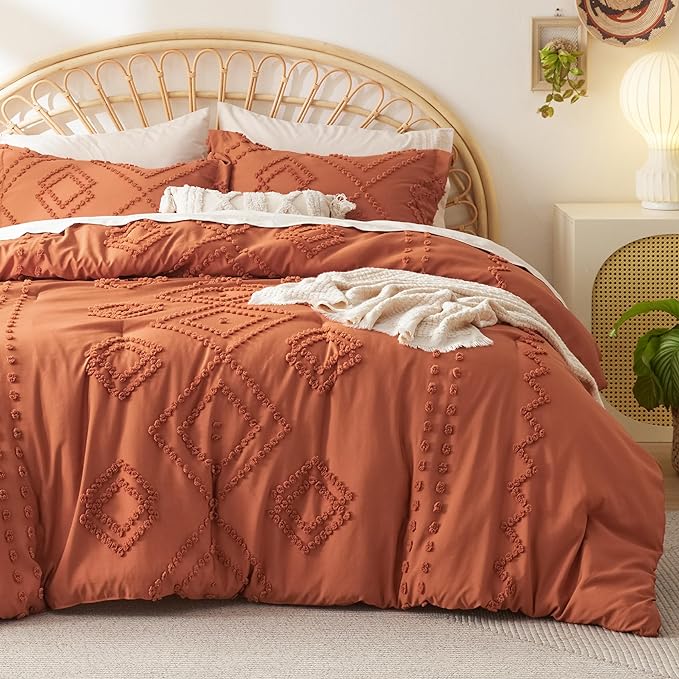 Bedsure Boho Comforter Set Full - Terracotta Tufted Bedding Comforter Set, 3 Pieces Farmhouse Shabby Chic Embroidery Bedding Set, Soft Geometric Pattern Comforter for All Seasons - LeafyLoom