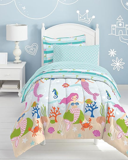 dream FACTORY Kids 7-Piece Complete Set Easy-Wash Super Soft Microfiber Comforter Bedding, Full, Light Blue Mermaid Dreams - LeafyLoom