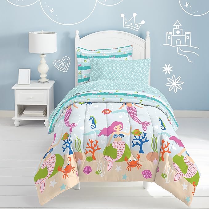 dream FACTORY Kids 7-Piece Complete Set Easy-Wash Super Soft Microfiber Comforter Bedding, Full, Light Blue Mermaid Dreams - LeafyLoom