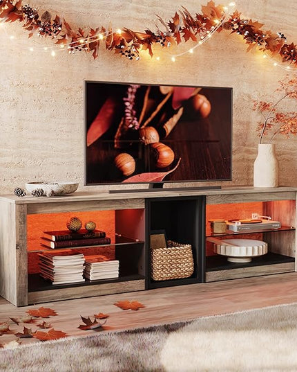 Bestier TV Stand for 70 inch TV, Gaming Entertainment Center for PS5, LED TV Cabinet with Glass Shelves for Living Room, 63'' Inch, Grey Wash - LeafyLoom