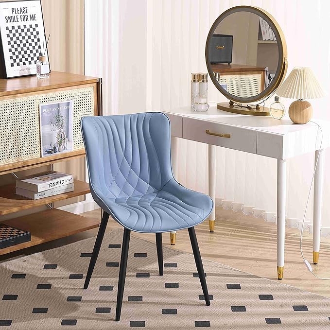 YOUTASTE Dining Chairs Set of 2 Upholstered Mid Century Modern Kitchen Dining Room Chairs Armless Faux Leather Accent Chairs Metal Vanity Lounge Chair with Back for Living Room Bedrooms,Blue - LeafyLoom