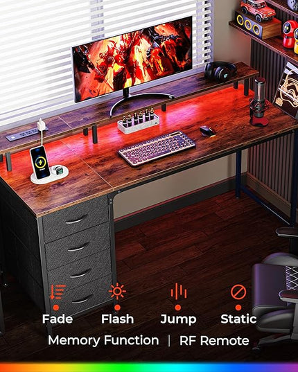 55 Inch Computer Desk with Power Outlets and LED Lights, Gaming Desk with 4 Drawers, Office Desk with Monitor Stand, Study Desk Work Desk for Home Office, Rustic Brown - LeafyLoom