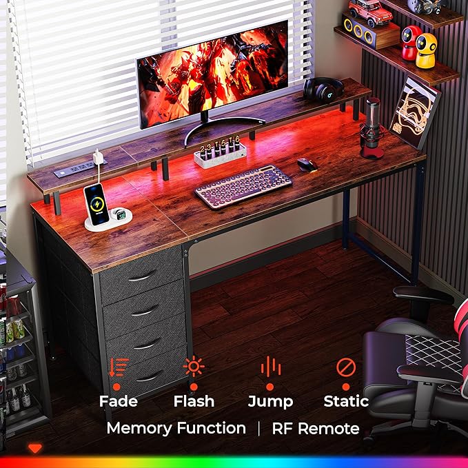 55 Inch Computer Desk with Power Outlets and LED Lights, Gaming Desk with 4 Drawers, Office Desk with Monitor Stand, Study Desk Work Desk for Home Office, Rustic Brown - LeafyLoom
