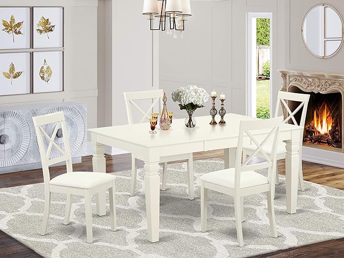 East West Furniture WEBO5-LWH-LC 5 Piece Set Includes a Rectangle Dining Room Table with Butterfly Leaf and 4 Faux Leather Upholstered Kitchen Chairs, 42x60 Inch, Linen White - LeafyLoom