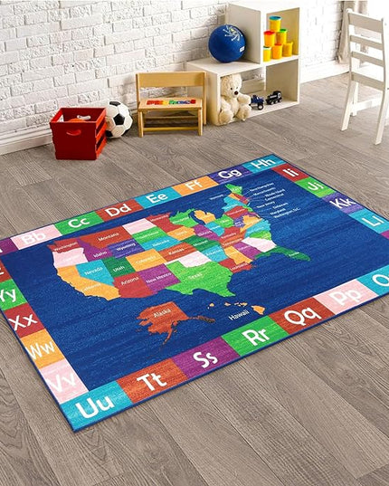 LIVEBOX USA Map ABC Baby Play Mat for Kids Room, 3x5 Ft Alphabet Washable Classroom Rug, Kids Playroom Rug for Educational, Non-Slip Baby Crawling Mat for Nursery Room, Toddlers Room - LeafyLoom