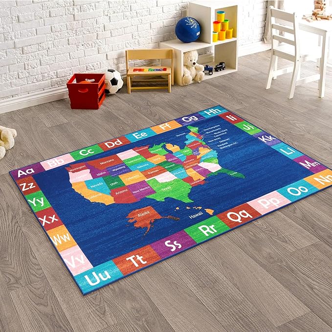 LIVEBOX USA Map ABC Baby Play Mat for Kids Room, 3x5 Ft Alphabet Washable Classroom Rug, Kids Playroom Rug for Educational, Non-Slip Baby Crawling Mat for Nursery Room, Toddlers Room - LeafyLoom