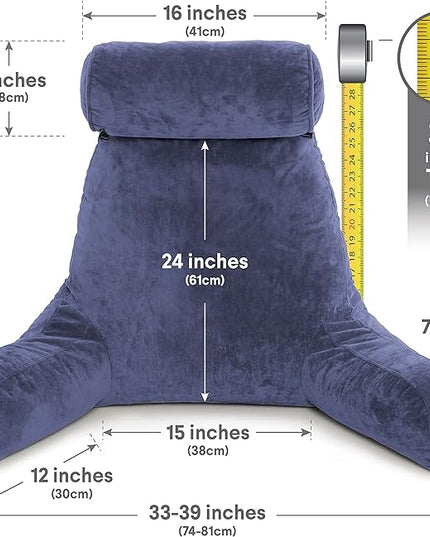 Husband Pillow XXL Dark Blue Backrest with Arms - Adult Reading Pillow Shredded Memory Foam, Ultra-Comfy Removable Microplush Cover & Detachable Neck Roll, Unmatched Support Bed Rest Sit Up Pillow - LeafyLoom