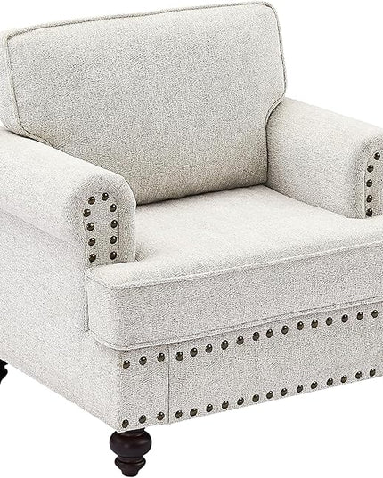 Upholstered Chenille Single Sofa Chair with Rolled Armrest,Modern Armchairs with Wood Turned Legs and Nailhead Trim Design, for Living Room,Bedroom and Office, White, 37" W - LeafyLoom