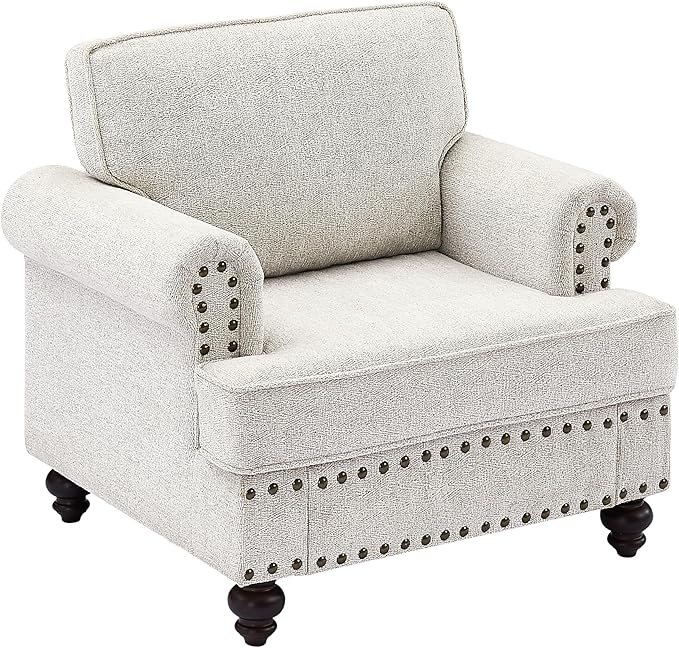 Upholstered Chenille Single Sofa Chair with Rolled Armrest,Modern Armchairs with Wood Turned Legs and Nailhead Trim Design, for Living Room,Bedroom and Office, White, 37" W - LeafyLoom