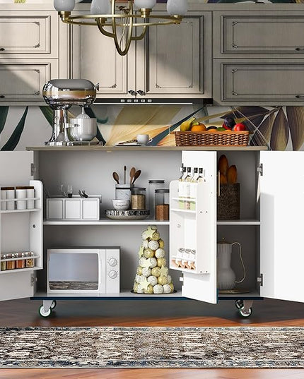 47" Wood Kitchen Island with Drop Leaf and Internal Storage Rack,Mobile & Stationary Cart w/Wheel,Towel-Rack,Adjustable Shelf,for Livingroom, Kitchen,Dining Room,Navy Blue - LeafyLoom