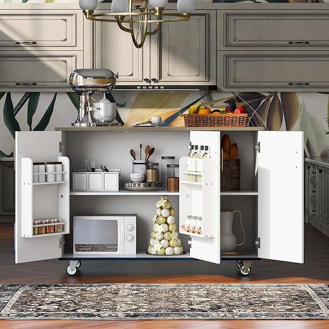 47" Wood Kitchen Island with Drop Leaf and Internal Storage Rack,Mobile & Stationary Cart w/Wheel,Towel-Rack,Adjustable Shelf,for Livingroom, Kitchen,Dining Room,Navy Blue - LeafyLoom