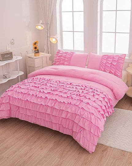 Girls Comforter Sets Full, Multi-Layers Ruffled Full Size Bedding Set for Girls, Pink Full size Comforter Set for Girls, 5 Pcs Bed in a Bag for Girls, Teen Comforter Set for Girls - LeafyLoom