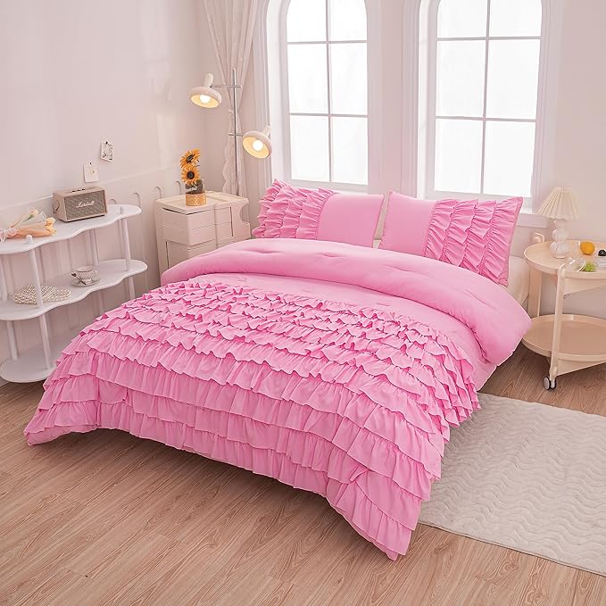 Girls Comforter Sets Full, Multi-Layers Ruffled Full Size Bedding Set for Girls, Pink Full size Comforter Set for Girls, 5 Pcs Bed in a Bag for Girls, Teen Comforter Set for Girls - LeafyLoom