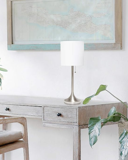 Simple Designs LT1076-BNW Tapered Fabric Drum Shade Table Lamp, Brushed Nickel and White - LeafyLoom