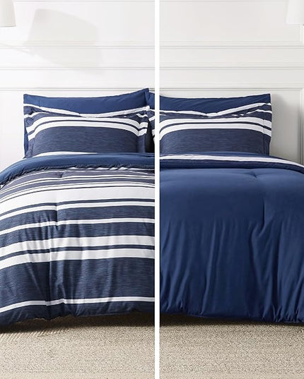 Bedsure Bed in a Bag Full Size 7 Pieces, Navy White Striped Bedding Comforter Sets All Season Bed Set, 2 Pillow Shams, Flat Sheet, Fitted Sheet and 2 Pillowcases - LeafyLoom