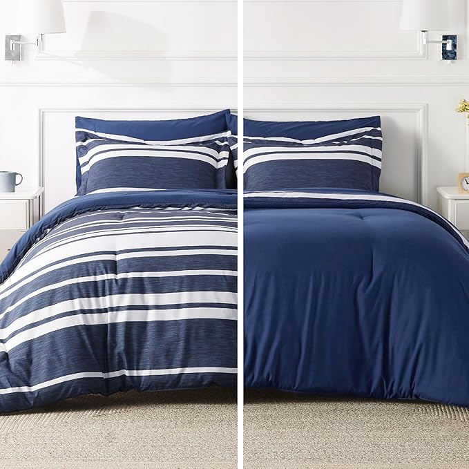 Bedsure Bed in a Bag Full Size 7 Pieces, Navy White Striped Bedding Comforter Sets All Season Bed Set, 2 Pillow Shams, Flat Sheet, Fitted Sheet and 2 Pillowcases - LeafyLoom