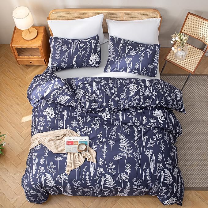 JANZAA King Size Comforter Set Navy Blue Comforter Set Floral Bedding Set Microfiber Comforter Set with 2 Pillow Cases for All Season Cozy and Comfortable 3 Pieces - LeafyLoom