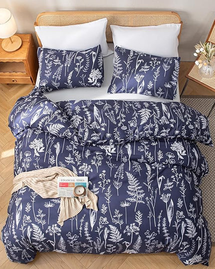 JANZAA Twin Comforter Set Navy Blue Comforter Set Floral Bedding Set Microfiber Comforter Set with Pillow Case for All Season Cozy and Comfortable 2 PCS(1 Comforter&1 Pillowcase) - LeafyLoom