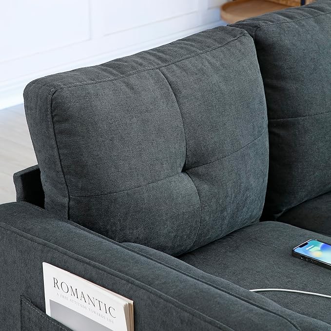 3 Seater L Shaped Convertible Sectional Sofa Couch with Reversible Chaise , Linen Upholstered Corner Sleeper Lounge Sofá with 2 USB Ports and LED Lights ,Storage for Small Space Living Room Apartment - LeafyLoom