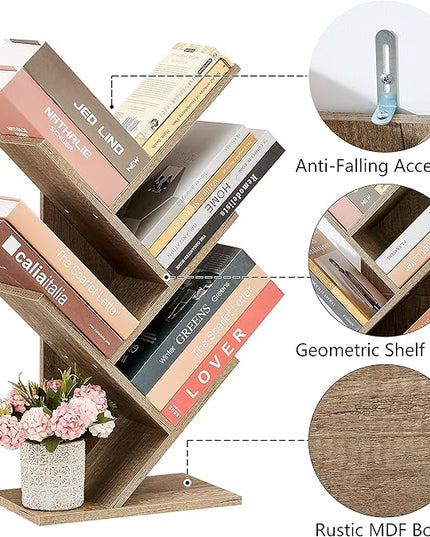 Hoctieon 4 Tier Tree Bookshelf, 4 Shelf Bookcase, Modern Book Storage, Free Standing Tree Bookcase, Utility Organizer Shelves for Home Office, Living Room, Bedroom, Greige - LeafyLoom