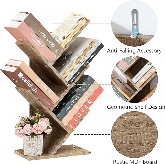 Hoctieon 4 Tier Tree Bookshelf, 4 Shelf Bookcase, Modern Book Storage, Free Standing Tree Bookcase, Utility Organizer Shelves for Home Office, Living Room, Bedroom, Greige - LeafyLoom