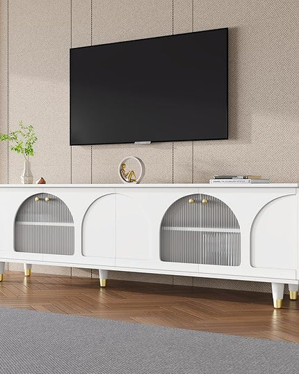 Merax Contemporary TV Stand with Adjustable Shelves, Gold Handles and Arch Fluted Glass Doors for Televisions Up to 78'', Stylish Media Console, Delicate Entertainment Center for Living Room, White - LeafyLoom