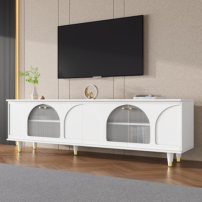 Merax Contemporary TV Stand with Adjustable Shelves, Gold Handles and Arch Fluted Glass Doors for Televisions Up to 78'', Stylish Media Console, Delicate Entertainment Center for Living Room, White - LeafyLoom
