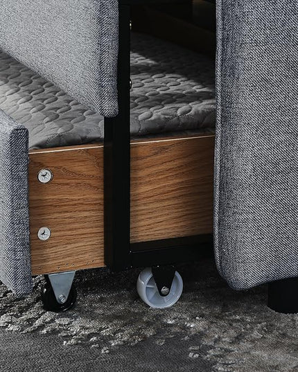 Twin Size Upholstery Daybed with Trundle Bed and 2 Storage Drawers, Flat Arms w/Pocket, Linen Extendable Bedframe for Bedroom Living Room, No Box Spring Needed & Space-Saving Design, Grey - LeafyLoom